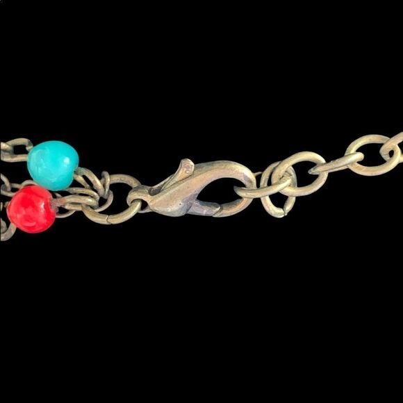 Vintage ethnic boho red & turquoise glass bead  gold coin chain necklace. 15.5” - Picture 7 of 7